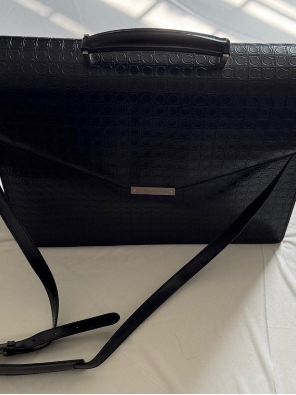 Authentic Ferragamo Black Embossed Briefcase Shoulder